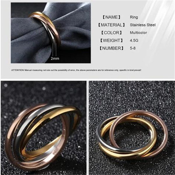 Fashion Classic Creative Trinity Three Ring Winding Ring Women's Stainless Steel 3 Color Rolling Wedding Band Rings