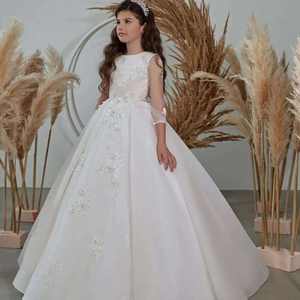 3/4 Sleeves Wer Girl For Weddings Ball Gown Tulle Appliques Beaded Long First Communion Dresses Little Customized 6660311