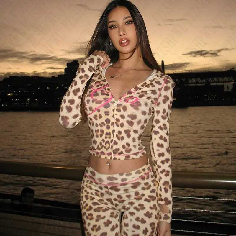 Women's Two Piece Pants Leopard Print Slim Fit Sexy Set Comfortable Soft Harajuku Aesthetics Cardigan Punk Grunge Gothic Strtwear Emo-Girl Pants 