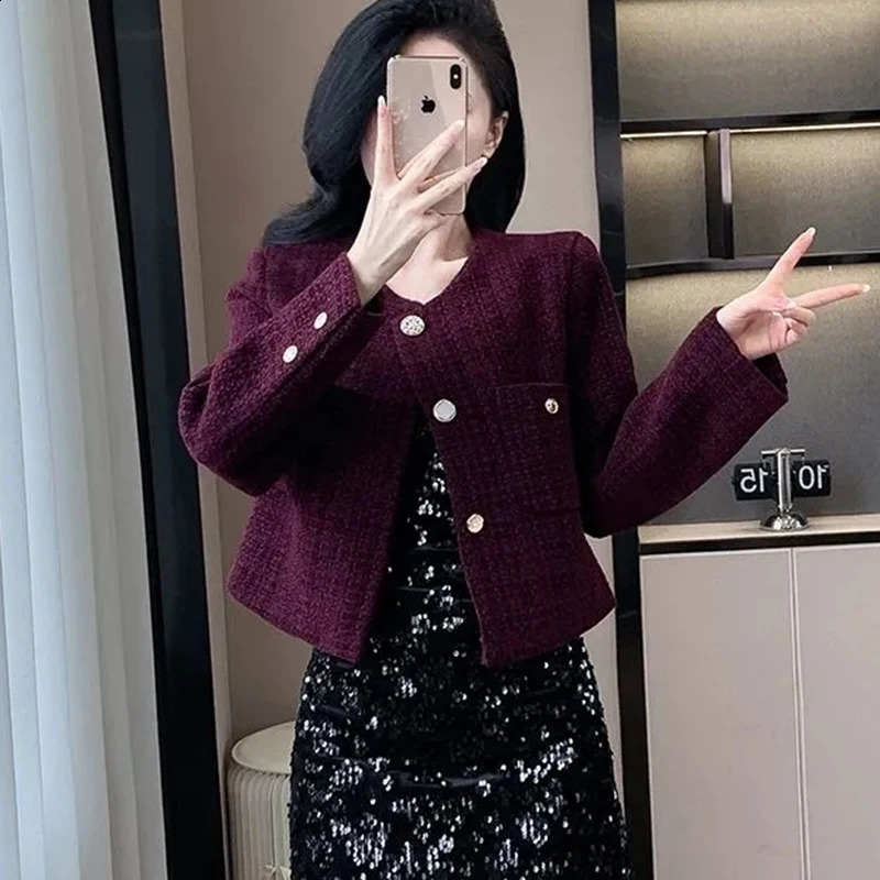 Autumn Winter Women Tweed Coat Korean Fashion Single Breasted Cropped Jacket Woman Elegant Loose Short Outerwear Clothes 250109
