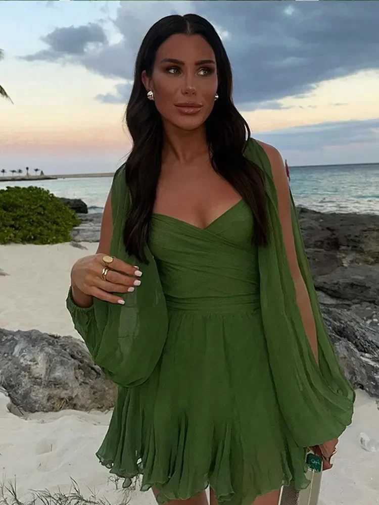 Basic Casual Dresses Sexy Chiffon Grn Ruffles Split Dress V-neck Long Sleeve A Line Mini Dress 2025 Fashion Female Holiday Beach Vacation Dresses H251