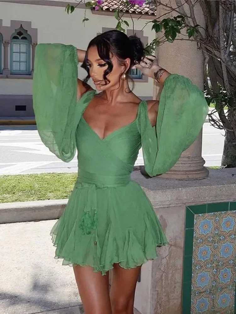 Basic Casual Dresses Sexy Chiffon Grn Ruffles Split Dress V-neck Long Sleeve A Line Mini Dress 2025 Fashion Female Holiday Beach Vacation Dresses H251