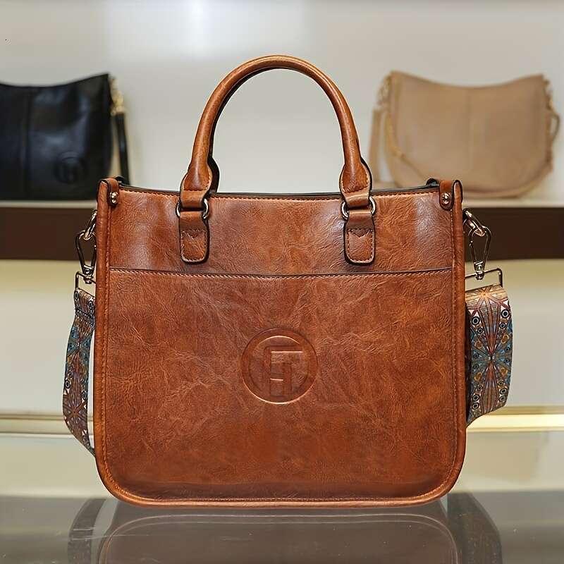 Solid color handbag, fashionable PU leather bag, Bohemian wide shoulder strap women's crossbody bag