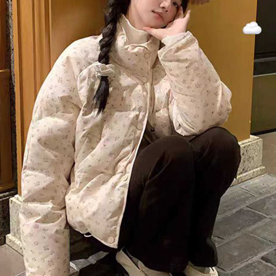 Korean Version of Fresh Floral Standing Collar Cotton Jacket for Womens Winter New Design Loose and Thick Student Cotton Jacket Short Jacket Women Coa
