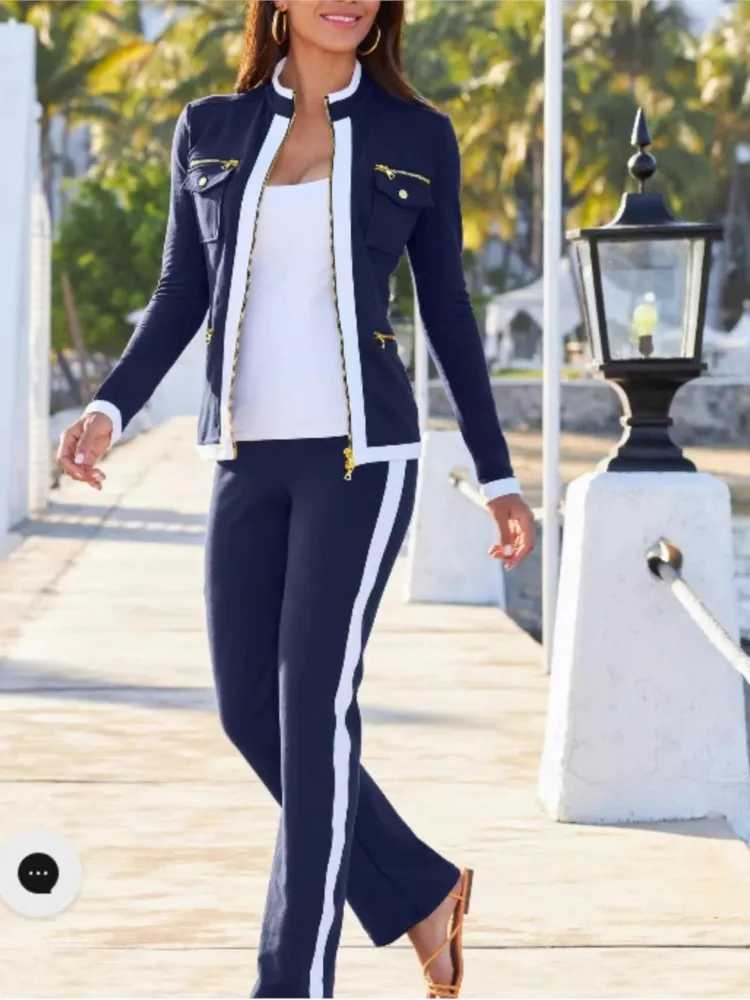 Women's Two Piece Pants Autumn and winter new solid color casual two-piece elegant womens ultra-thin simple zipper top straight sports pants set 