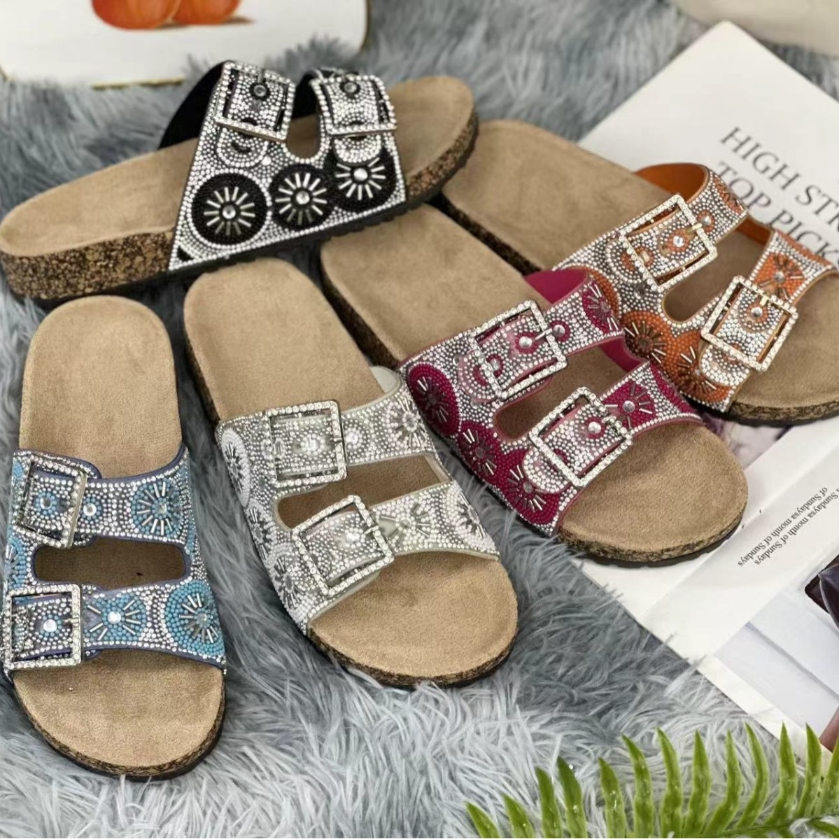 Europe and the United States foreign trade cross-border large size summer women's slippers fashion diamond buckle water pine cork slippers factor