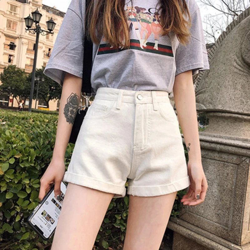 Summer Women High Waist Button Wigh Leg Jeans Shorts Casual Female Loose Blue Denim Shorts Black White 250118