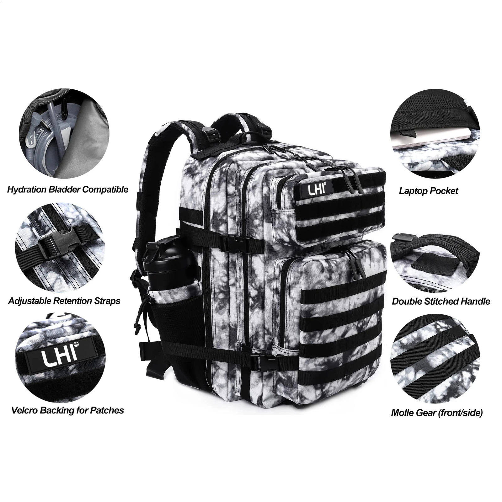 LHI 45L Mens and Womens Tactical Backpack Large Sports Fitness Bag Outdoor Sports Hiking Survival Backpack with Bottle Rack 250109
