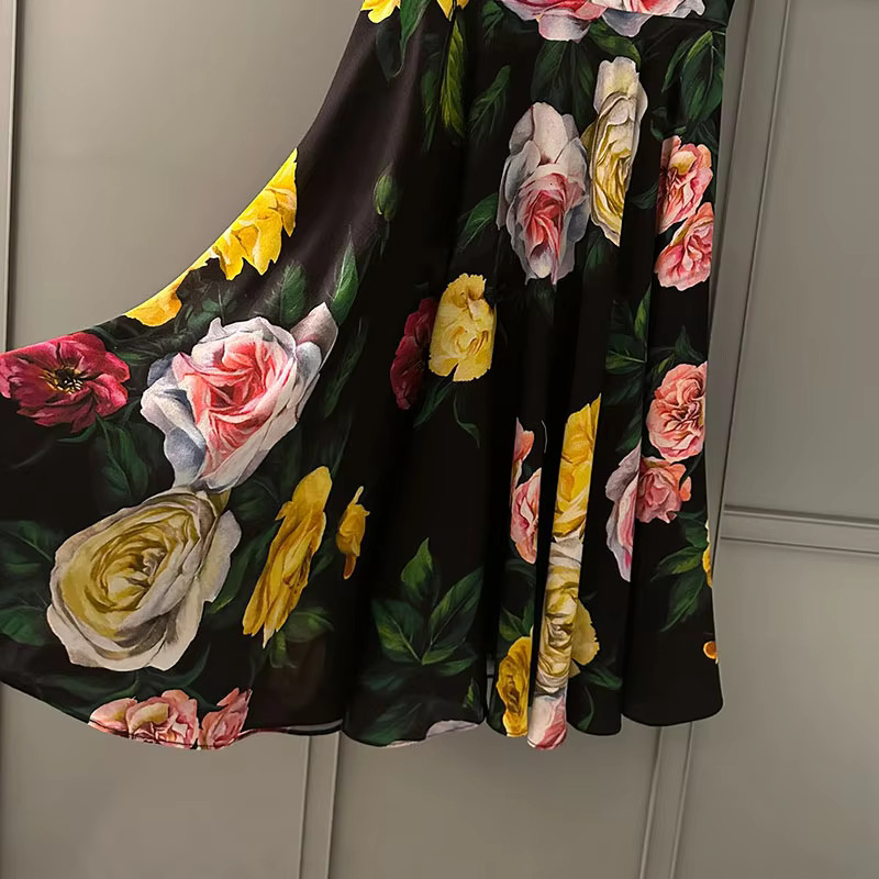 Women's Printed Silk Sleeveless Pleated Dresses Fashion Top Quality Elegant V-Neck Waist Up Flora Design Knee Length Vestdios Spring Luxury Brand