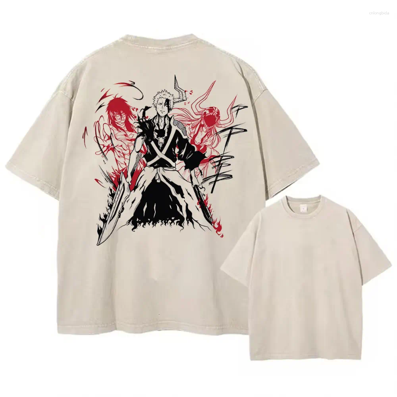 Shirts Men's Washed T-Shirts Summer Anime Bleach Print Tee Casual Cotton Punk Gothic Vintage Hip Hop Top