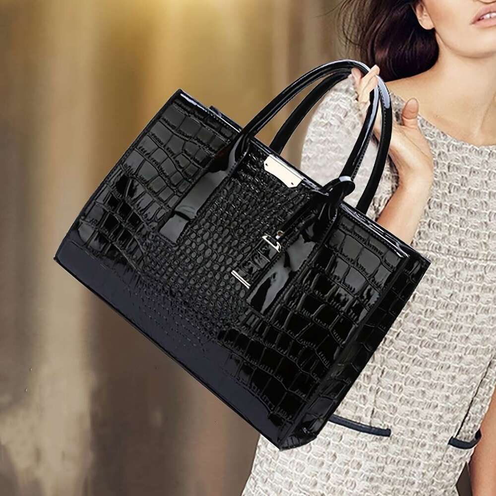 Solid color crocodile patterned square tote classic and fashionable shoulder bag, women's textured commuting bag