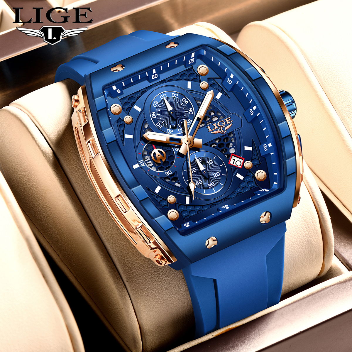 LIGE Top Brand Luxury Square Quartz Watches for Men Fashion Casual Sport 50M Waterproof Man Watch Auto Date Military Chronograph