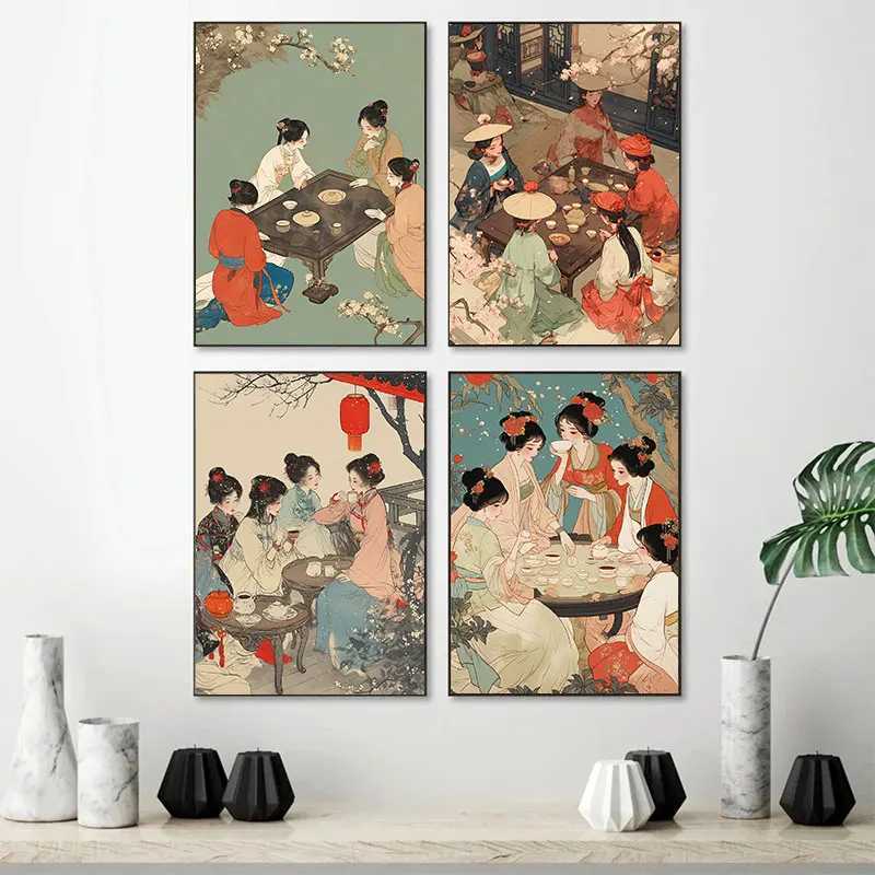 Chinese Style Illustration Lady Chat Whispering In Her Boudoir Posters Canvas Painting Wall Art Picture Ro He Decor Gifts Y250122