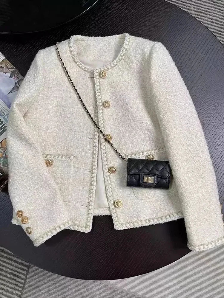Jmprs Chic White Tweed Jackets Women Korean Long Sleeve Sweet Coat Fashion O Neck Elegant Casual Female All Match Outwear Tops 250114