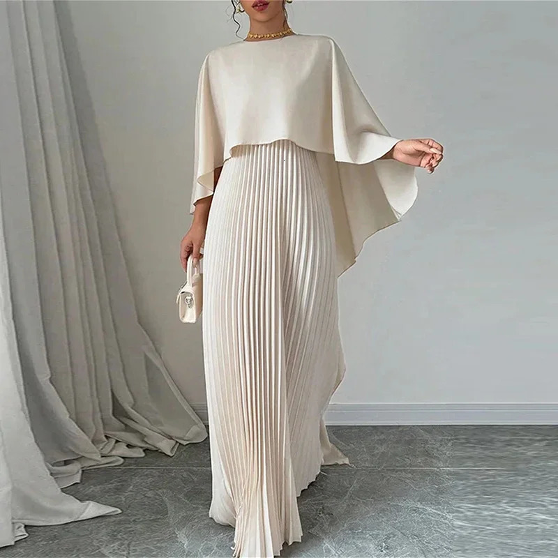 Women Elegant Crew Neck Irregular Shawl Vest Pleated Dresses Autumn Solid Color Cloak 2 Piece Set Loose Evening Gown Vacation 250113