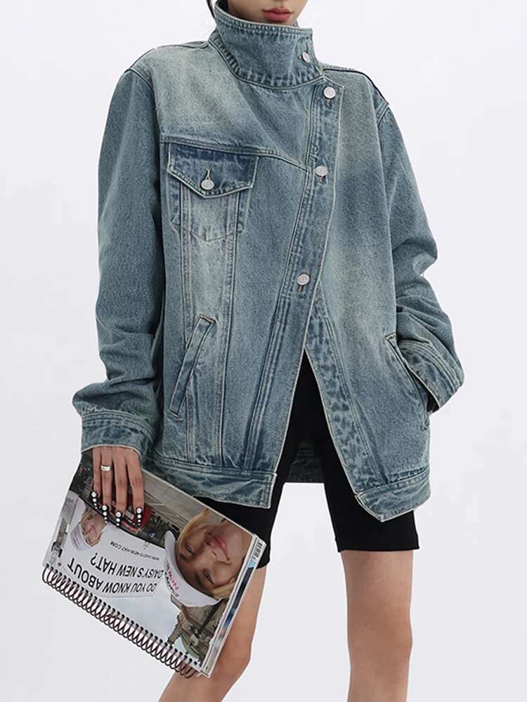 SHENGPALAE Fashion Women's Denim Coat Turtleneck Single Breasted Full Sleeve Patchwork Versatile Jacke Autumn 2023 New 5R4436