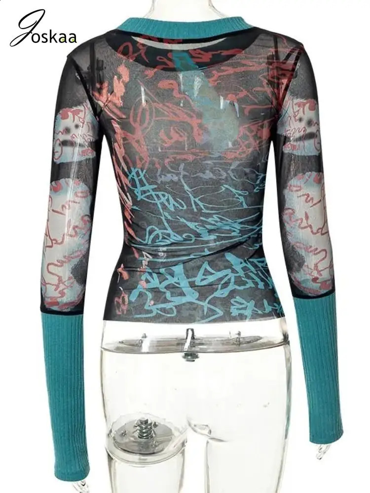 Joskaa Print Mesh Womens Sexy See Through O-Neck Long Sleeve Top Autumn/Winter Graphic T-shirt Haruku Street Clothing 250121