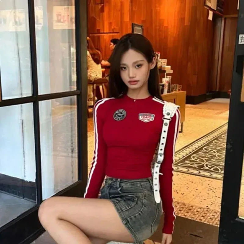 Slim Printing Long Sleeve T-Shirt Women Spring Korean Fashion Streetwear O-Neck Pullovers Ladies Red Long Sleeve Stripe Tees 250121