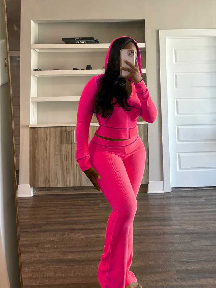 Women's Two Piece Pants Waffle Striped Women Outfits Hooded Tops and Flare Pants Suits 2024 Fall Lounge Wear Strt Baddies Tracksuit 2 Two Piece S