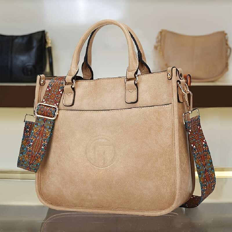 Solid color handbag, fashionable PU leather bag, Bohemian wide shoulder strap women's crossbody bag