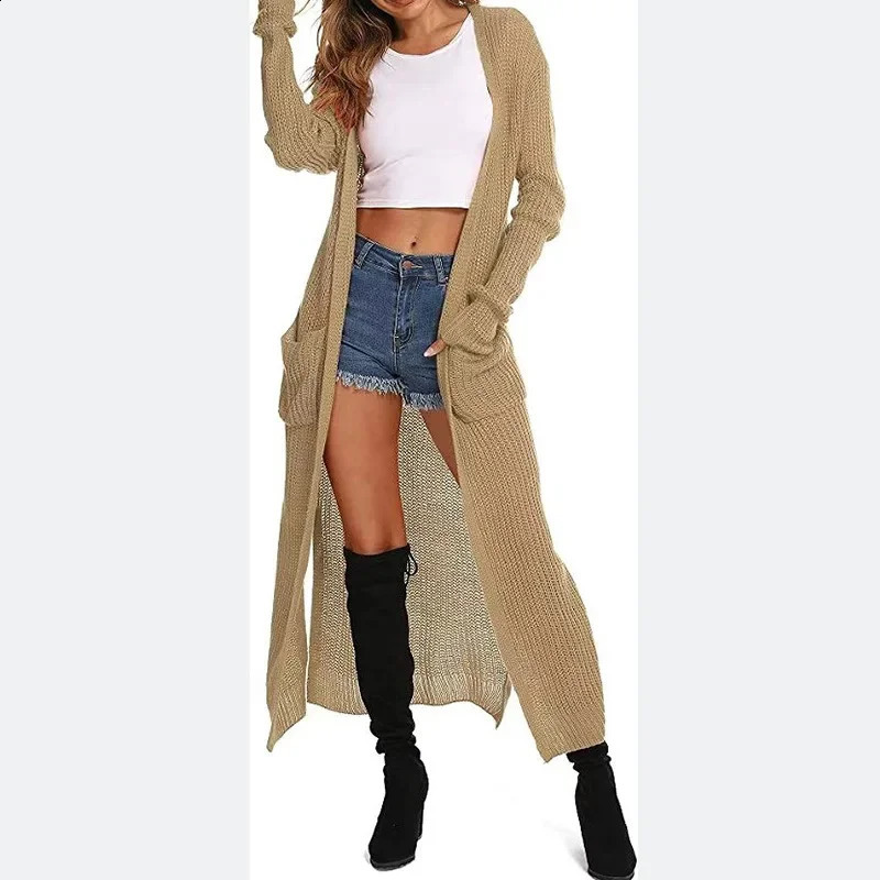 Women Solid Color Loose Cardigan Knitted Sweater 2023 Autumn Winter Coat Long Sleeve Pocket 250109Z