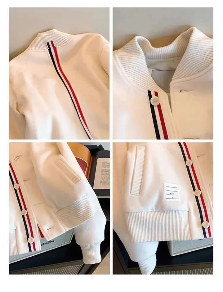 Preppy Style Fashion Knitted Woolen Coat Women Casual Three-Colour Webbing Baseball Uniform Elegant Loose White Cardigan Jacket