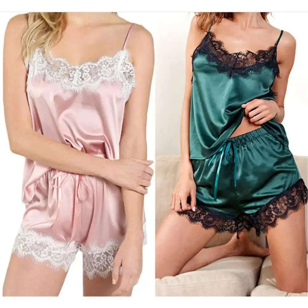 Fashionable Sexy Imitation Silk Lace Set Women Comfortable Sleeveless Suspender Pama Shorts Nightwear