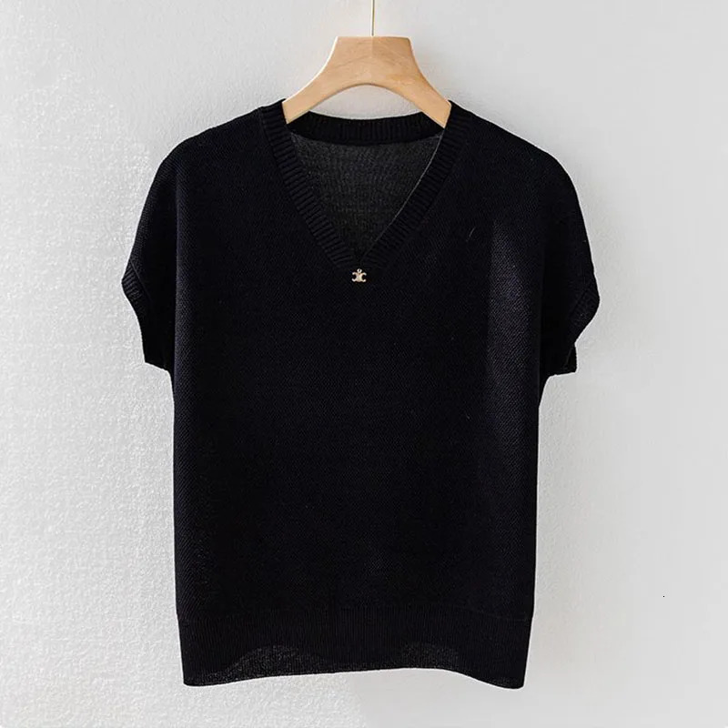 Summer Ice Silk Short Sleeve Tshirt Womens Loose Outwear Korean Solid Vneck Youthful Vitality Fashion Vintage Knit Thin Top 250120