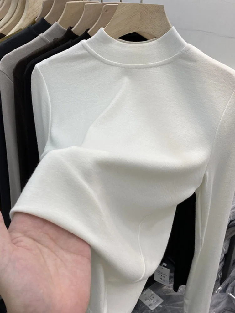 Basic High Quality Pure Cotton White T-shirt for Women Elegant Slim Top Womens Half Turtleneck Long Sleeve T-shirts 250121