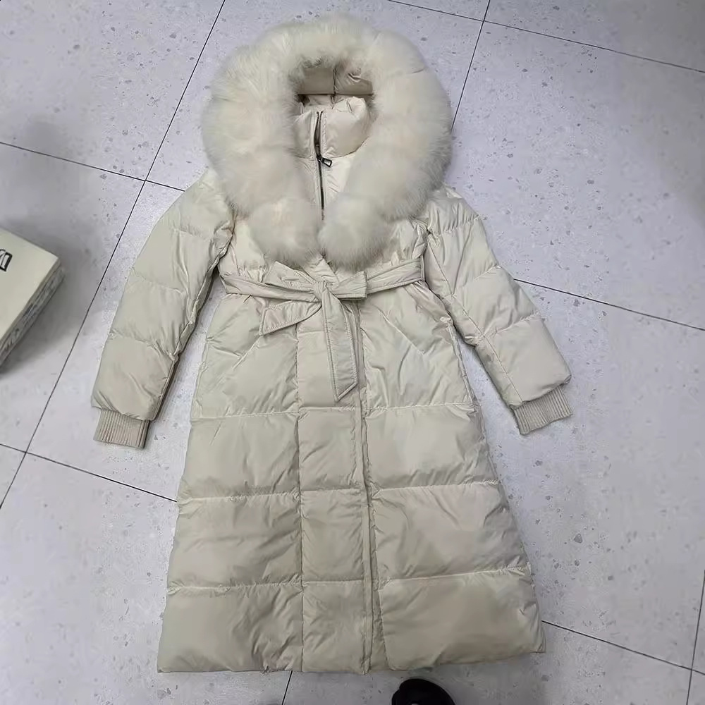 Fox fur big fur collar down jacket extended hooded winter style slimming waist cinched knee high thick womens jacket 211207