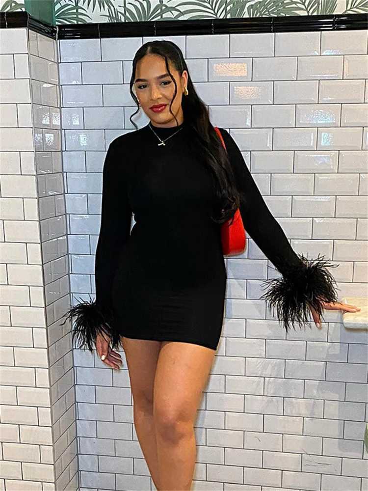 Basic Casual Dresses Weird Puss Feather Patchwork Dress Women Autumn Trend o-Neck Skinny Stretch Classic Solid Strtwear Full Slve Long Bodycon H25121