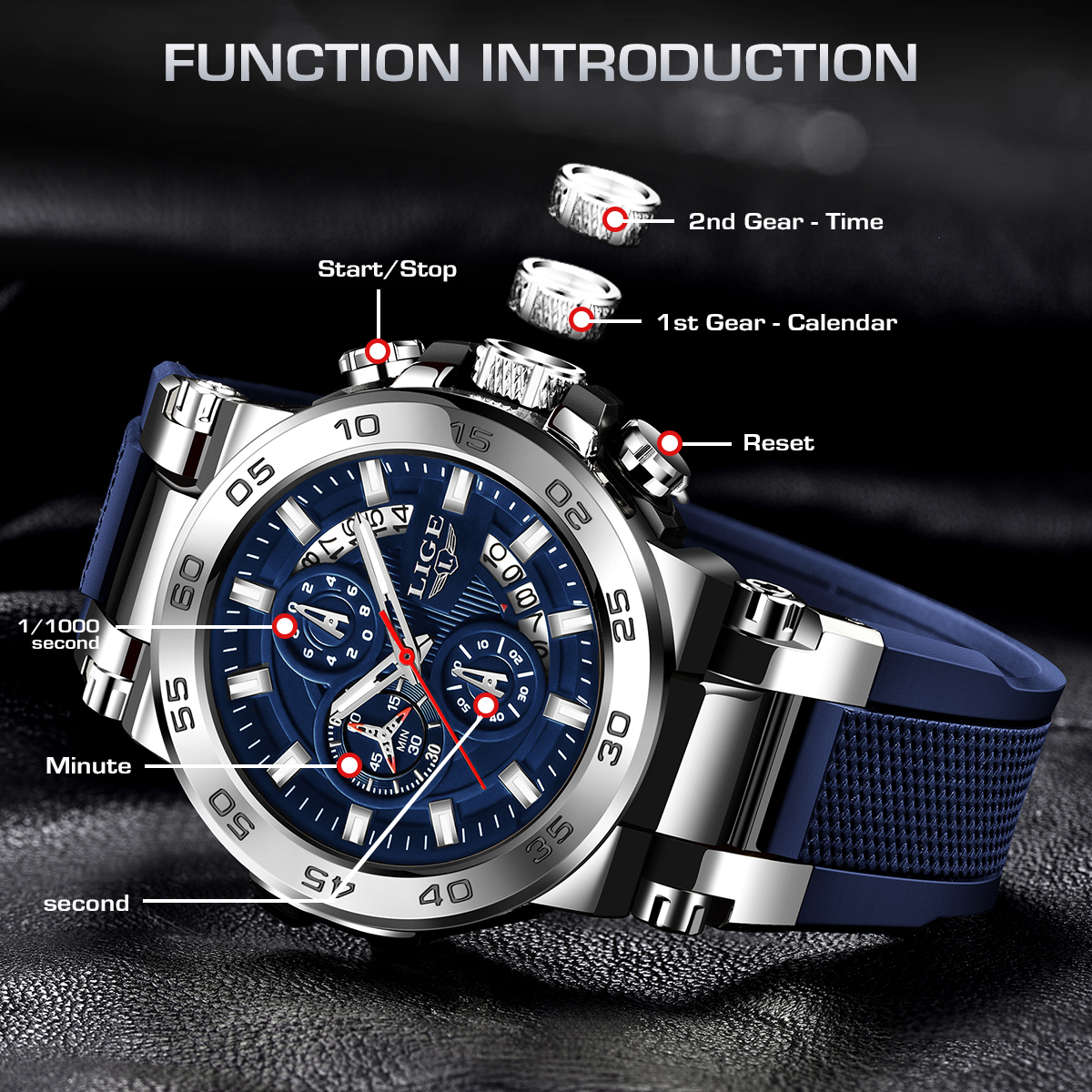 LIGE Men's Quartz Watch Multi-function Chronograph Men's Sports Watch Life waterproof premium three-eye six-pin watch Watch for teenagers an