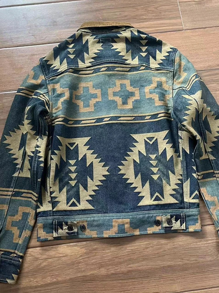 RRL 30th Anniversary Western Style Jacquard Heavy Washed Denim Jacket American Retro Coat Corduroy Collar 250121