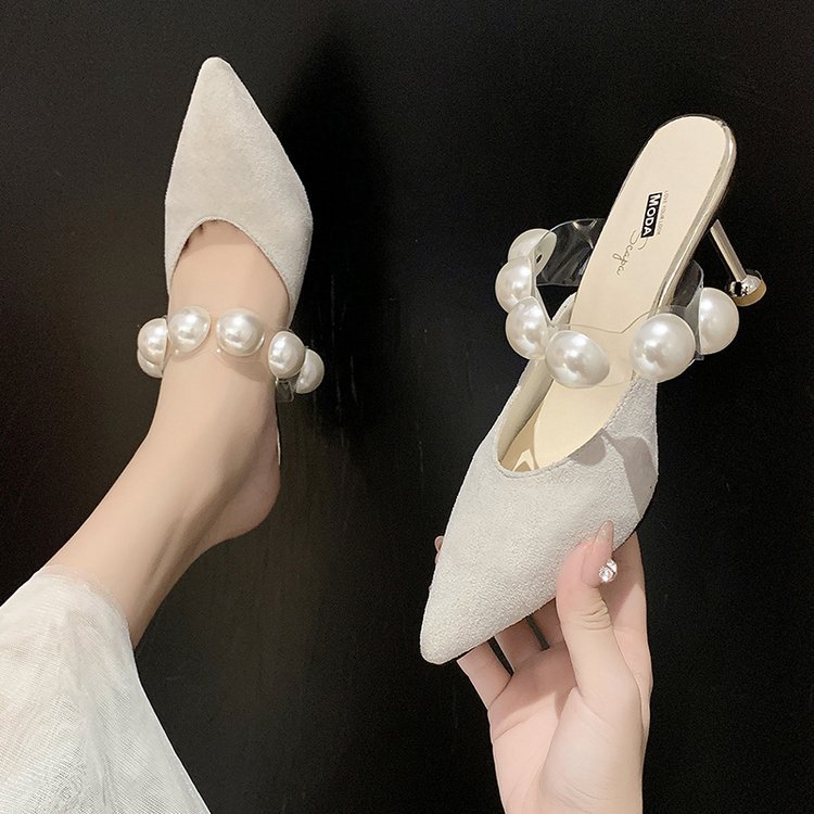 Women Slippers Pointed Toe Fashion Pearl Design Sense Versatile Triple Black Beige Free shipping