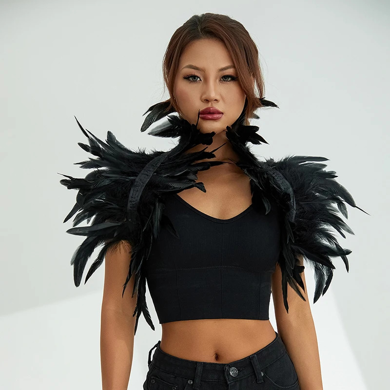 Women Natural Feather Cape Maleficent Costume Gothic Lacing Shawl Shrug Collar Feather Cape Halloween Cosplay Christmas Party 250121