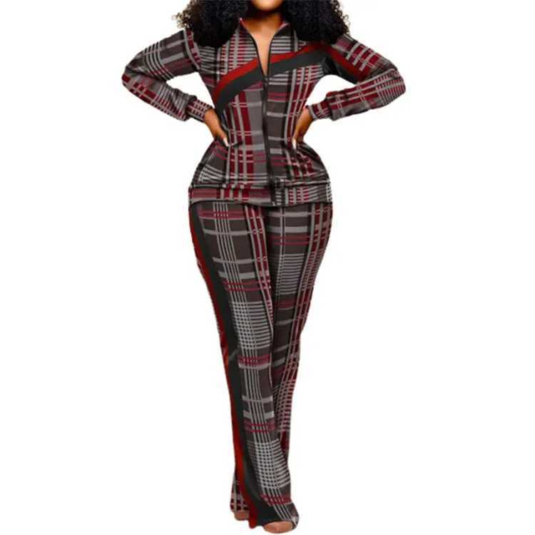 Women's Two Piece Pants Autumn Winter Fashion Slim Fitting Print Suit Women Long Slved Lapel Zipper Top Elastic Waist Trousers Two Piece Set 2024