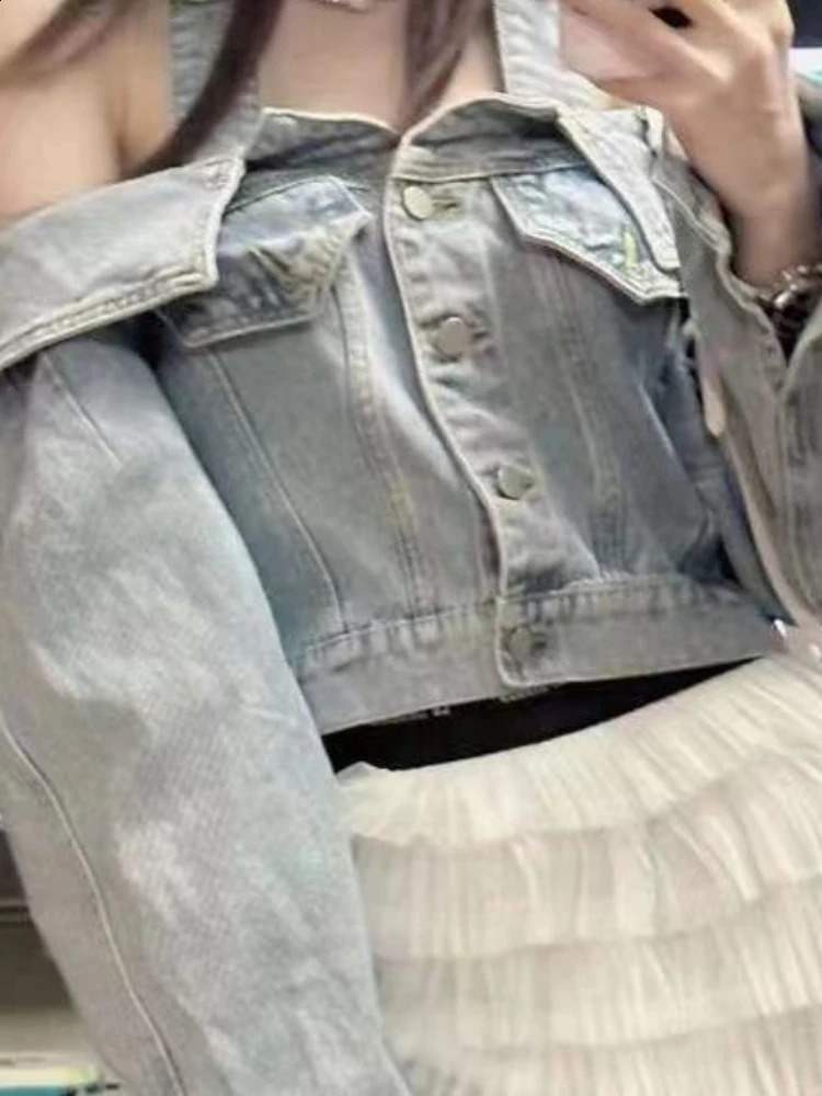 Halter Y2k Crop Jackets for Women Vintage Long Sleeve Slash Neck Denim Coat Top Womens Clothing All Match Fashion Casual Outwear 250118