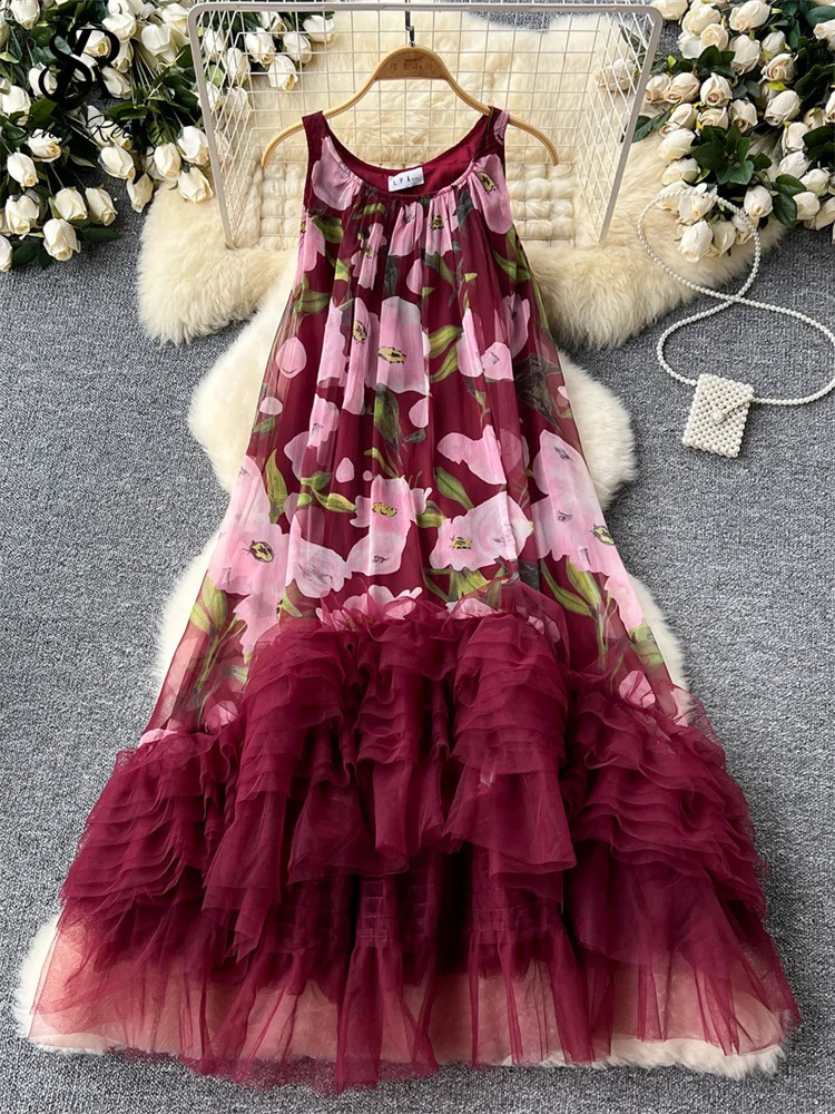 SINGREENY French Retro Printed Dress Womens O-neck spaghetti strap mesh patchwork irregular ruffled beach fashion ball dress 250117