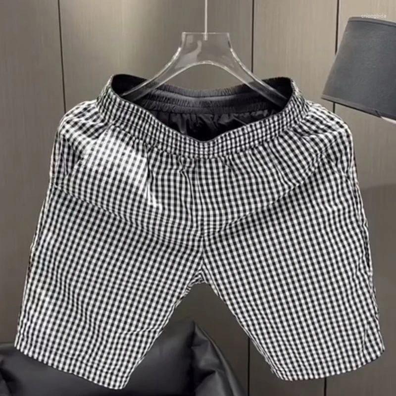 Plaid Print Summer Korean Style Clothes Men Elastic Waist Casual Male Shorts Fashion Vintage Slim Straight Beach Pants