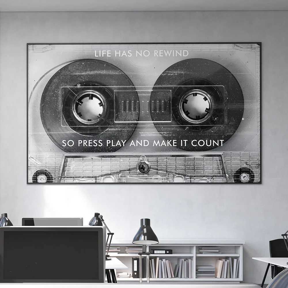 Life Has No Rewind Cassette Black and White Posters Print Motivational Quote Canvas Painting Success Quote Home DecorativeC250122
