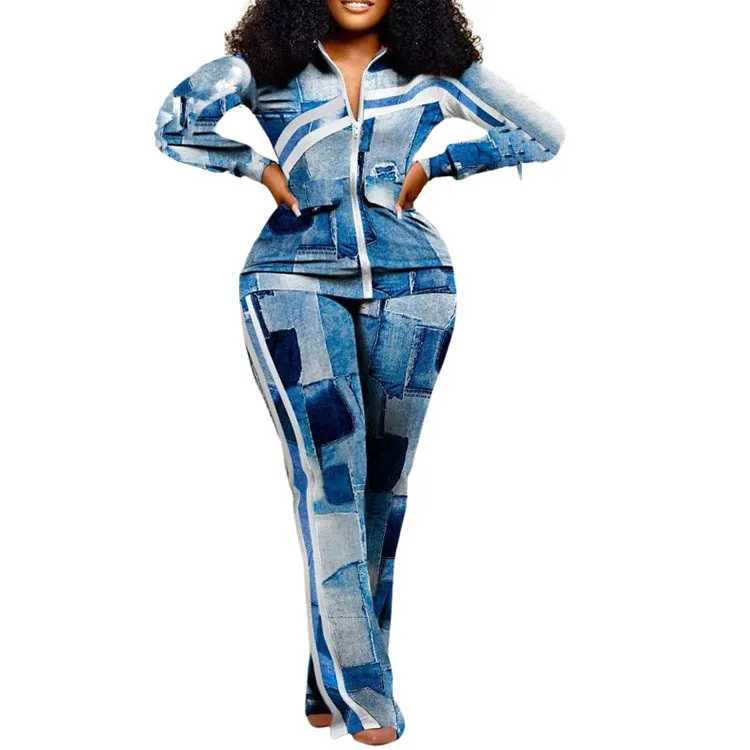 Women's Two Piece Pants Autumn Winter Fashion Slim Fitting Print Suit Women Long Slved Lapel Zipper Top Elastic Waist Trousers Two Piece Set 2024