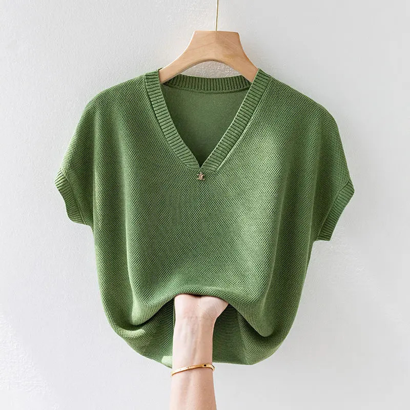 Summer Ice Silk Short Sleeve Tshirt Womens Loose Outwear Korean Solid Vneck Youthful Vitality Fashion Vintage Knit Thin Top 250120