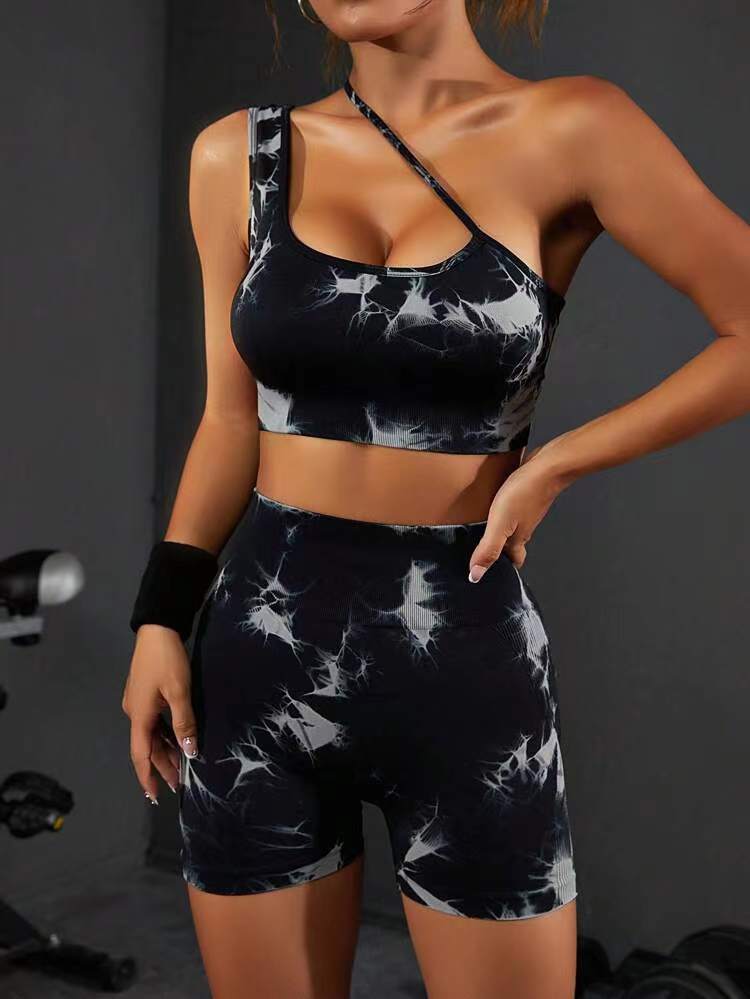Advanced women's fashionable tie dye seamless tight fitting clothing gathering bra hip lifting yoga shorts sports and fitness clothing yoga set