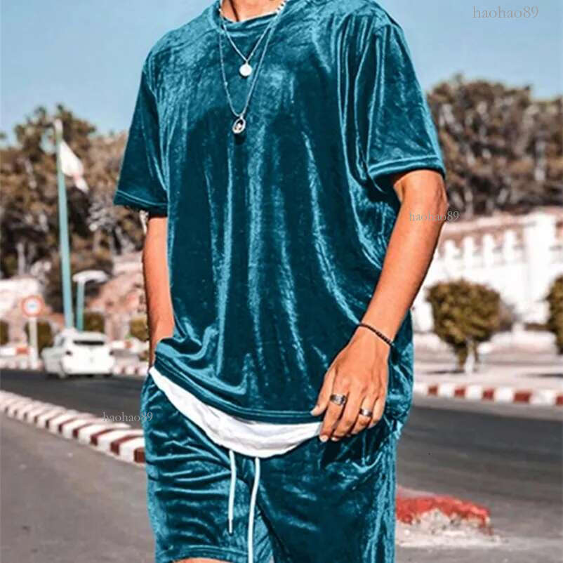 Men Sets Velour Solid Color O neck Short Sleeve T Shirt Drawstring Shorts Streetwear Casual Suits INCERUN S 5XL 7 220616