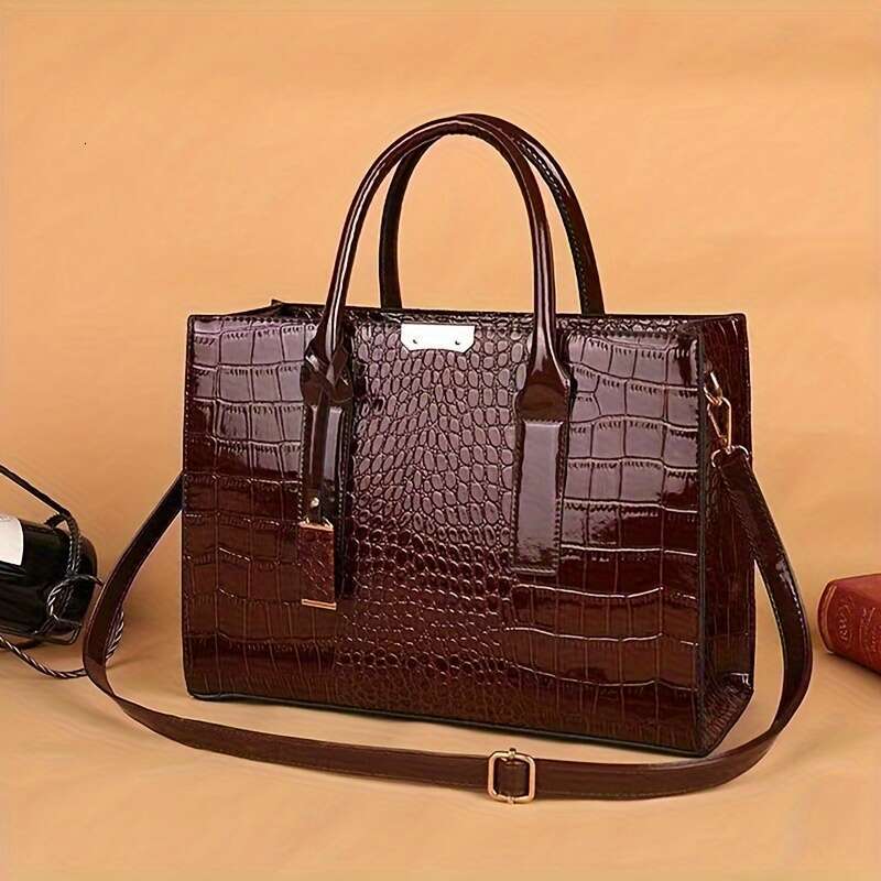 Solid color crocodile patterned square tote classic and fashionable shoulder bag, women's textured commuting bag