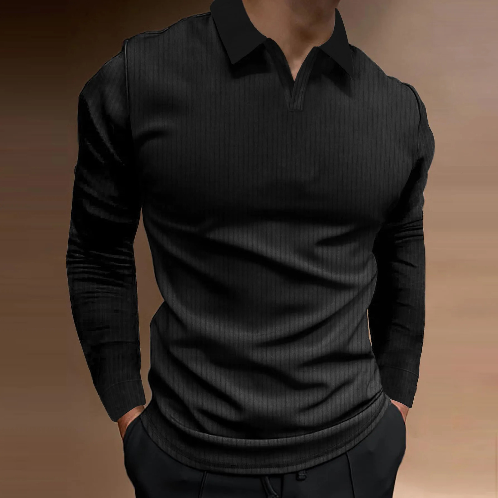 Mens Autumn Fitness Business Casual Standing Collar Long Sleeve Vertical Strip V-neck Polo Shirt 250113