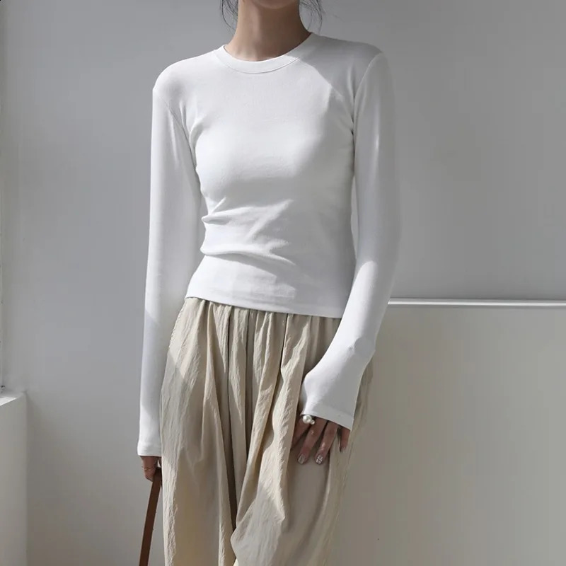 Cotton O Neck Long Sleeve Shirt Women Sexy Cropped Tops Autumn Black Casual Skinny Slim Basic Woman T Shirts White Clothing 250121