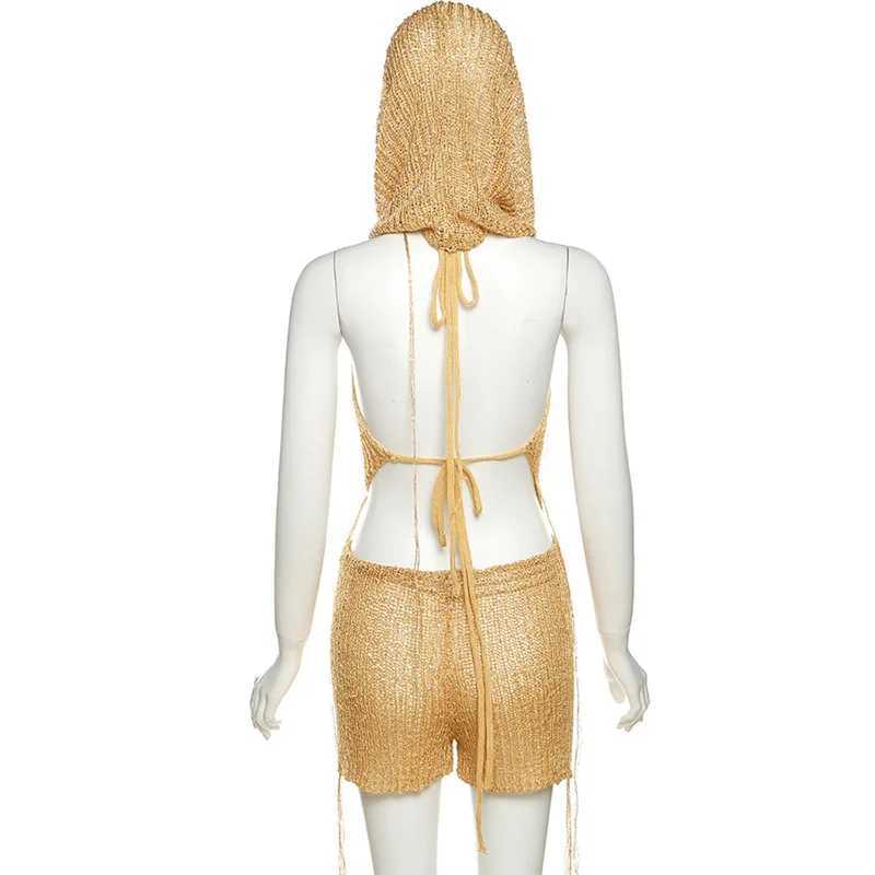 Women's Two Piece Pants Sequin knit two-piece womens sexy lace top strapless asymmetrical vest top and shorts hollow summer club set H25121