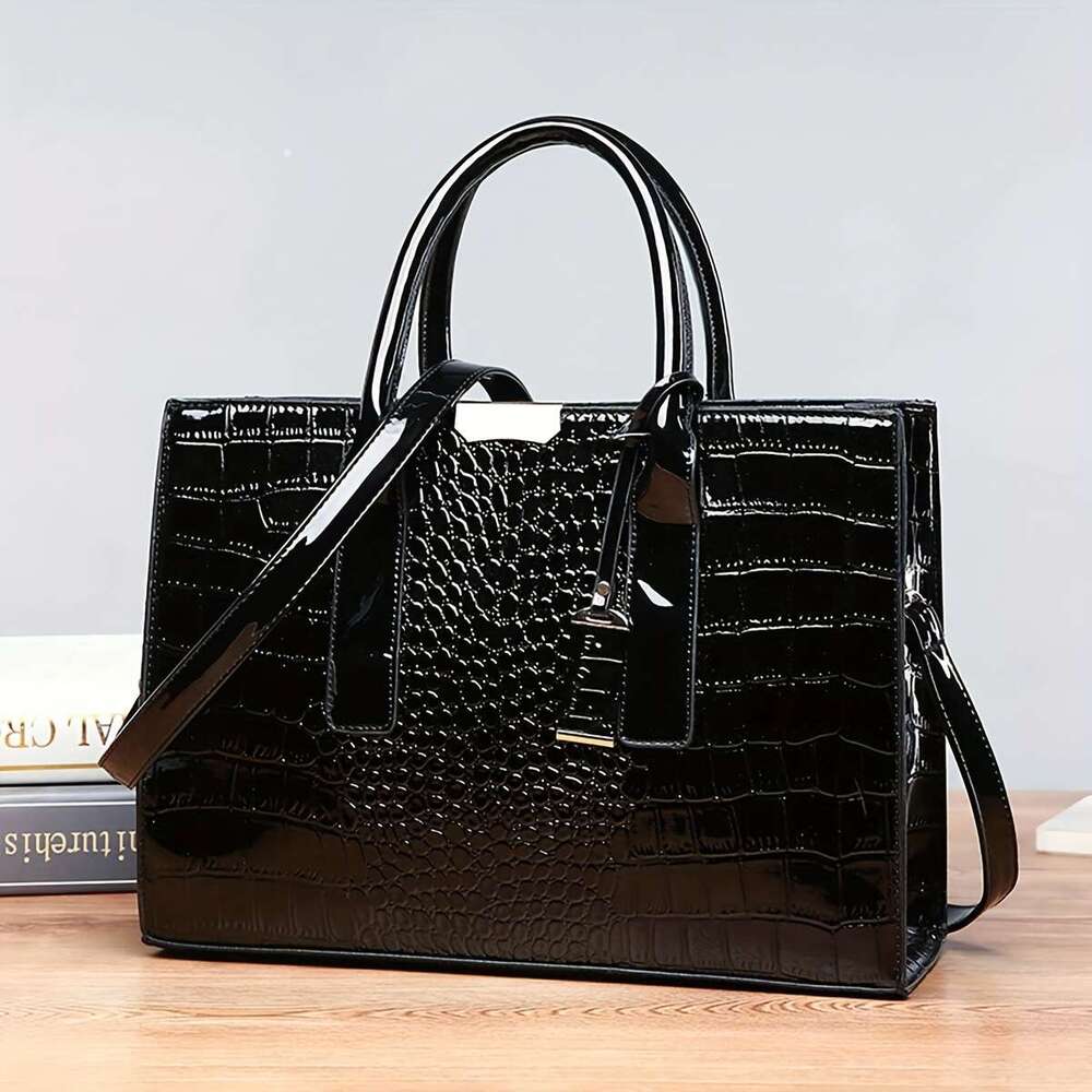 Solid color crocodile patterned square tote classic and fashionable shoulder bag, women's textured commuting bag