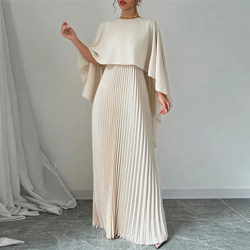 Women Elegant Crew Neck Irregular Shawl Vest Pleated Dresses Autumn Solid Color Cloak 2 Piece Set Loose Evening Gown Vacation 250113